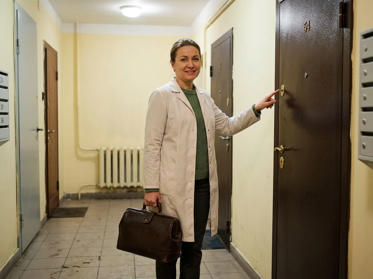 Врач-нарколог в светлом халате с медицинским саквояжем, дружелюбный профессионал, стоит у двери петербургской квартиры, готовый помочь